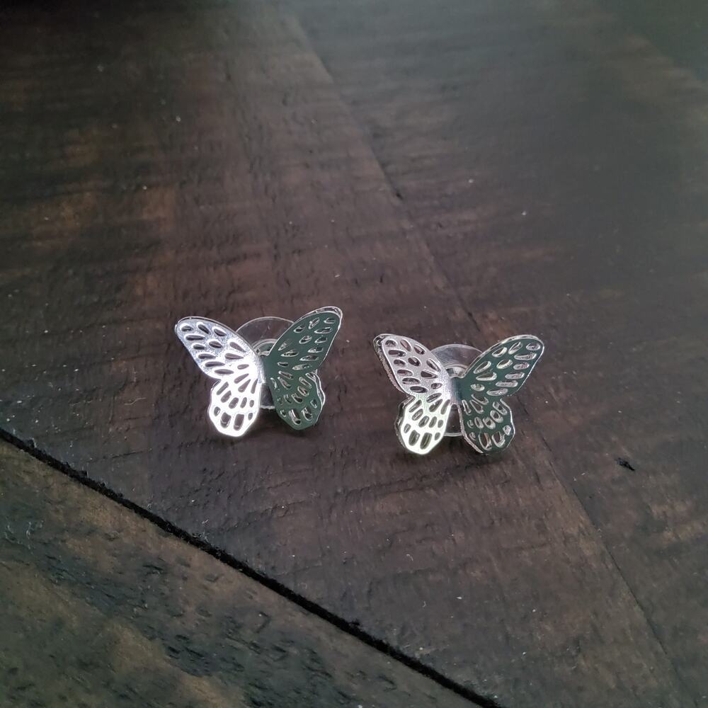 Women's Layered Double Butterfly Stud Earrings in Silver Tone